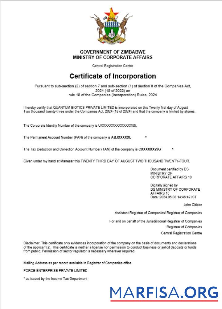 Downloadable Zimbabwe business registration certificate Word and PDF template